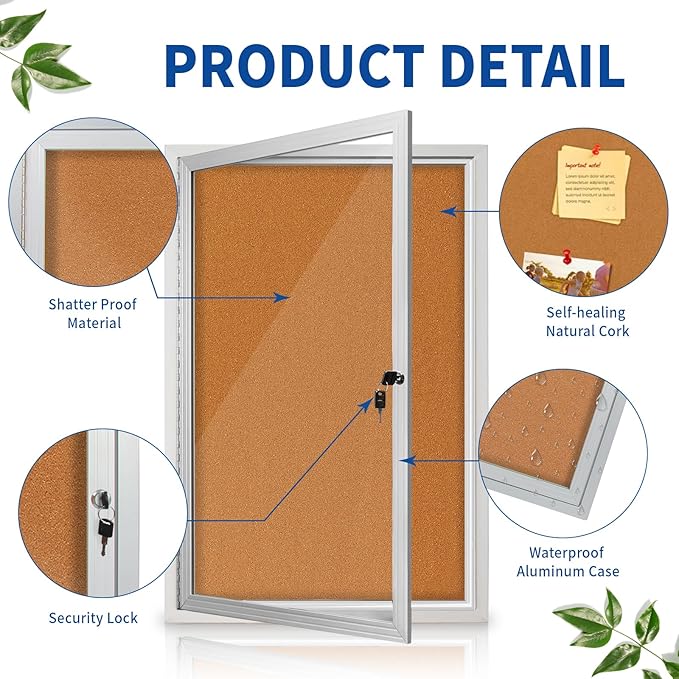 Outdoor Enclosed Bulletin Board Weatherproof 36"x24", Lockable Cork Noticeboard with Tempered Glass Locking Door, Secure Display for Notices, Posters & Memos