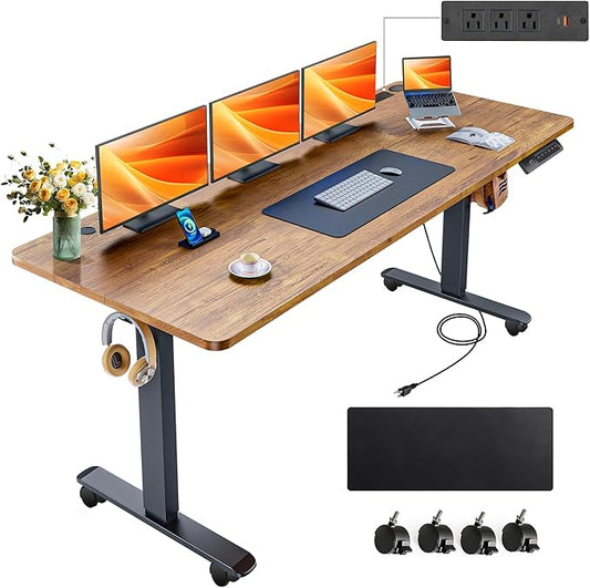 farexon Electric Standing Desk 63 x 24In with Outlets,Rolling Stand up Desk with Oversized Mouse Pad, 2 USB Ports & 3 Power Outlets, 4 Caster, 4 Preset Heights Easy to Set for Home Office(Brown)
