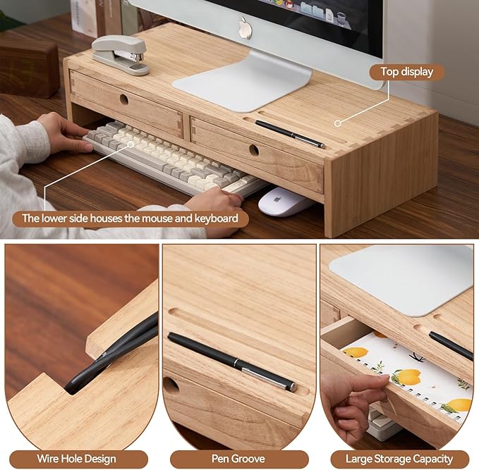KIRIGEN Wood Monitor Stand with 2 Drawers - Computer Arm Riser Desk Storage Organizer,Speaker TV Laptop Printer Stand with Pen Slot and Cable Management,2-Tier Desktop Shelf NA-2PMJ