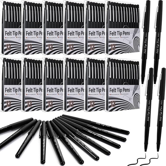144 Pcs Felt Tip Pens 0.7mm Medium Point Pens Bulk, Felt Tip Markers for Journaling, Writing, Note Taking, Planner, Ideal for Office School Art Supplies Gift (Black)