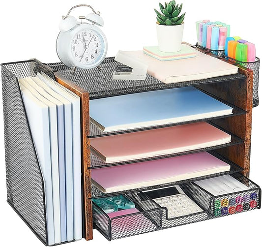 Wood Desk Organizers and Accessories with File Organizer, 5-Tier Paper Organizer with Drawer & Pen Holder, Office Desk Accessories, Workspace Desktop Storage for Office Supplies Organization（Brown）