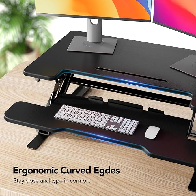 HUANUO 36" Z Shaped Stable Standing Desk Converter, Height Adjustable Sit Stand Up Desk Riser, Dual Monitor and Laptop Workstation with Wide Keyboard Tray, Desk Lifter for Home Office