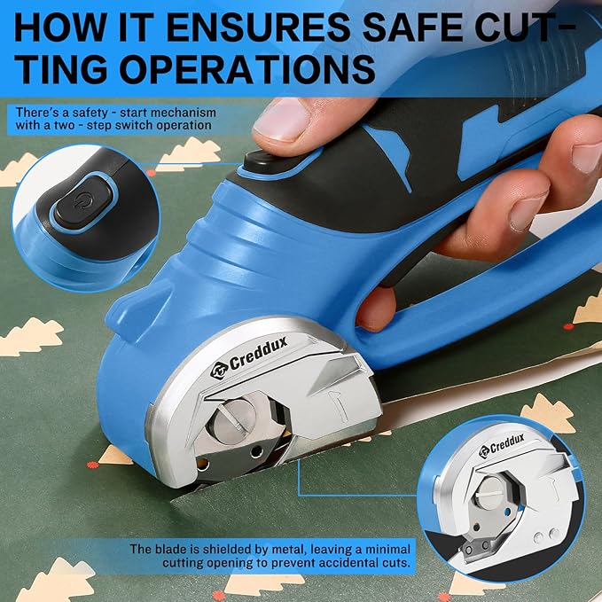 4v Cordless Electric Scissors, Electric Box Cutter With LED Light and Safety Lock, Cardboard Cutter, Rotary Cutter for Cardboard Leather Carpet Plastic Blue