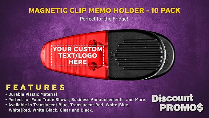 10 Magnetic Memo Holders Set - Customizable Text, Logo - Large Clip, Plastic - TRed