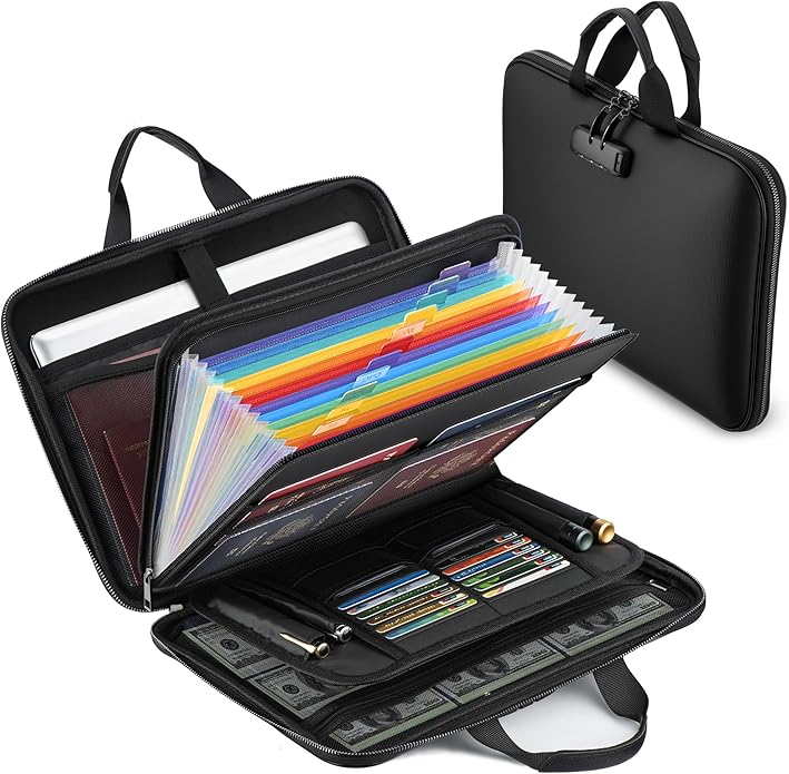 Fireproof Document Box with Combination Lock, Hard-Shell Fireproof File Organizer for Legal Documents, Laptop, Valuables & Important Papers, 13-Pocket Accordion File Folder