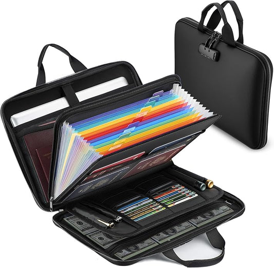 Fireproof Document Box with Combination Lock, Hard-Shell Fireproof File Organizer for Legal Documents, Laptop, Valuables & Important Papers, 13-Pocket Accordion File Folder