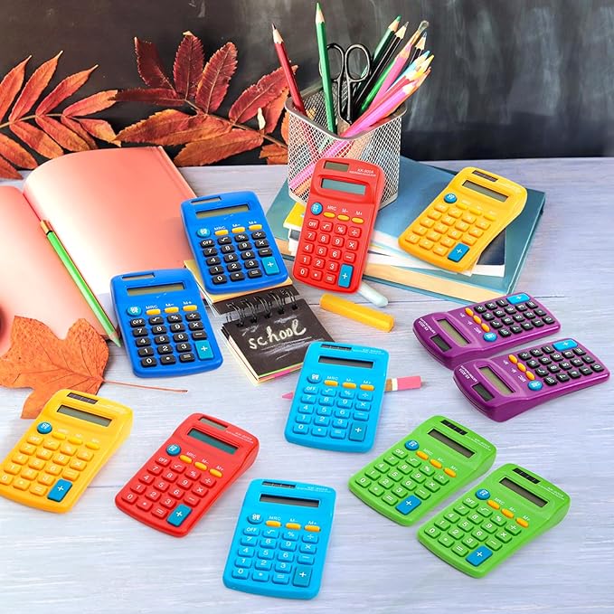 Goaste 12 Pack Pocket Size Mini Calculators, 8 Digit Display Basic Calculator, Small Solar Battery Dual Power Calculator in 6 Colors, 4 Function Handheld Calculators Bulk for Student Kid School Office