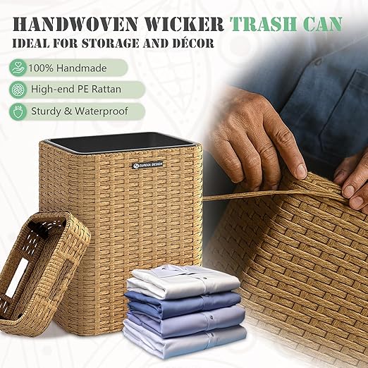 Ypati Rattan Trash Can with Lid, Wicker Bathroom Garbage Bin with Removeable Liner, 4 Gallon Small Waste Basket for Home, Outdoor Patio, Dorm, Office, Boho Decor, with Trash Bags, Tan Yellow, Eureka
