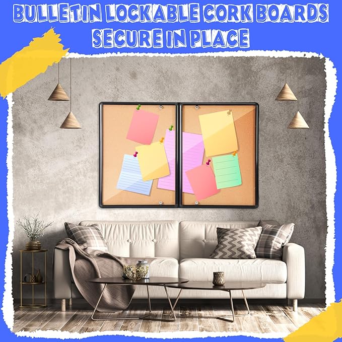 Enclosed Bulletin Board 48" x 36" Weather Resistant Lockable Notice Cork Display Board Wall Mounted 2 Locking Door for School Classroom Commercial Christmas, 12 x A4(Brown, Black Frame)