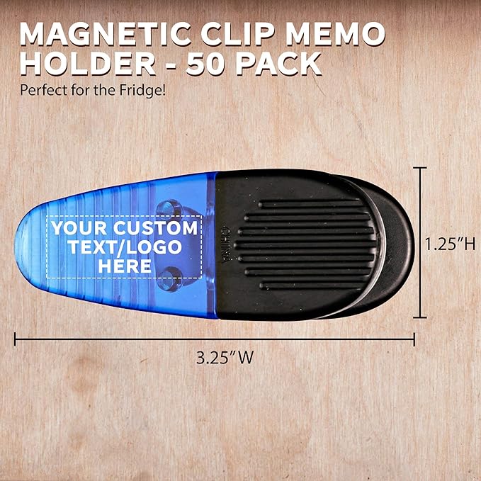 50 Magnetic Memo Holders Set - Customizable Text, Logo - Large Clip, Plastic - TBlue