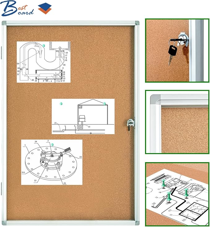 Pinboard Enclosed Bulletin Board 36 x 24 Inch Lockable Cork Noticeboard for School Office, Wall Display Case with Lock (Cork Board)