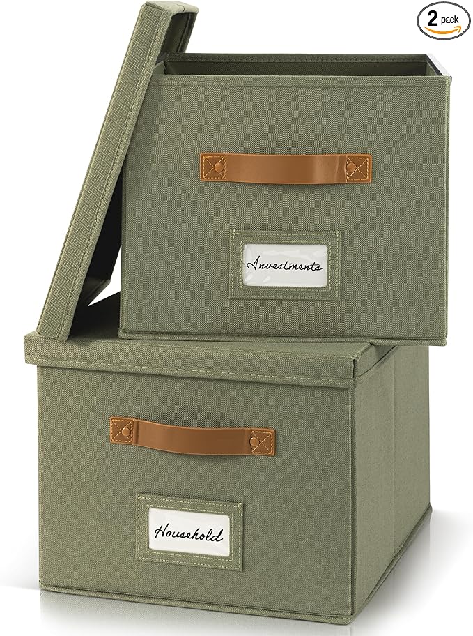 ZICOTO Decorative File Organizer Box Set of 2 - Collapsible Linen Filing Cabinets w/Handles Are Perfect to Store all Your Documents & Hanging File Folders - Portable Easy Slide Crates with Lid
