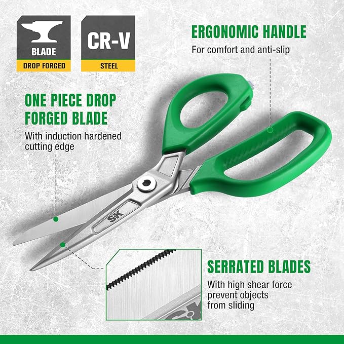 SK 9" Heavy Duty Scissors, All Purpose Shears, Premium CR-V Steel Construction, One Piece Drop Forged Blades, Ergonomic Handle for Comfortable Grip