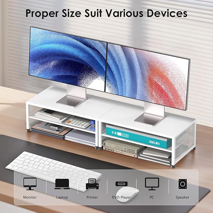 Desk Organizers and Accessories, 2-Tier Metal Computer Monitor Stand Riser, Desk Organizer for Monitor, Printer & Laptop Stand, Desktop Workspace Organizers for Office Supplies(White)
