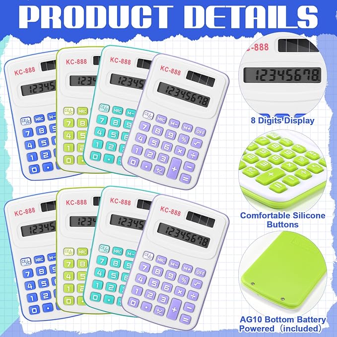 Hoteam 16 Pcs Christmas Pocket Calculator Gift for Students Bulk Mini Handheld Calculator Basic Standard Calculators with Button Battery 8 Digit Display for School Office Home(Assorted Colors)
