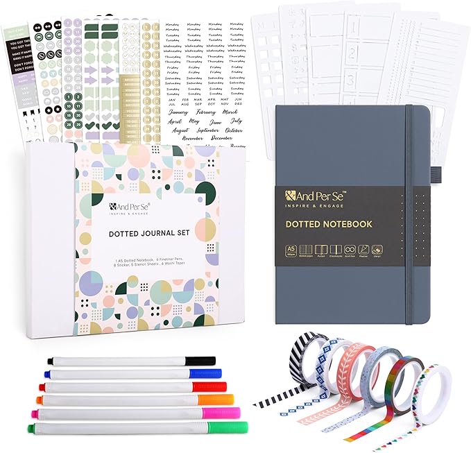 &And Per Se Dotted Journal Notebook Set, A5 Hardcover Dotted Journal (Dark Blue), 6 Fineliner Pens, 8 Sticker, 5 Stencil Sheets & 6 Washi Tapes, Journaling Supplies for Planner Schedule