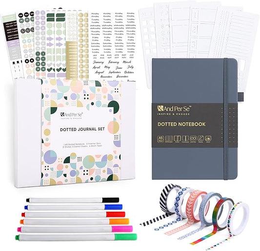 &And Per Se Dotted Journal Notebook Set, A5 Hardcover Dotted Journal (Dark Blue), 6 Fineliner Pens, 8 Sticker, 5 Stencil Sheets & 6 Washi Tapes, Journaling Supplies for Planner Schedule