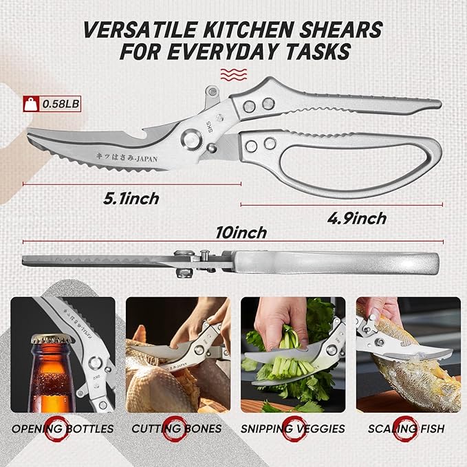 TIVOLI Poultry Shears Silver,Japanese Kitchen Shears Heavy Duty with Non-Slip Handle & Safety Lock,Multifunctional Kitchen Scissors for Chicken, Meat, Turkey, Fish, Vegetables,Ideal Gift