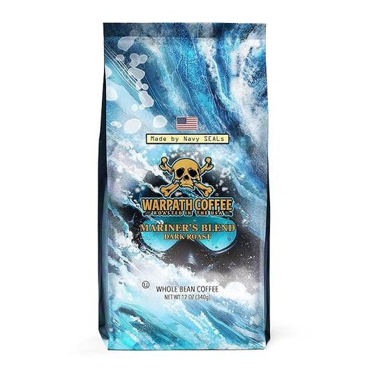 Warpath Coffee Dark Roast Whole Bean Coffee, Mariner's Blend, High Caffeine, Extra Strong Roasted 100% Arabica Coffee Beans Whole, Rich Aroma, Full-Bodied Intense Cup, Created by Navy SEALs, 12oz