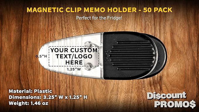 50 Magnetic Memo Holders Set - Customizable Text, Logo - Large Clip, Plastic - Clear