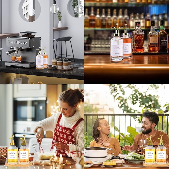 2 Pack 16oz Glass Coffee Syrup Dispenser with Gold Pump, Elegant Coffee Bar Accessories with Labels, Reusable Syrup Bottles for Kitchen, Café & Home Decor