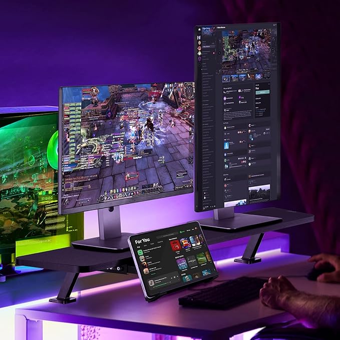 AVLT Clamp Desk Shelf Dual 32" Monitor Riser With Slide-out Holder for Convertible Laptop, Tablet, Smartphone (Black) - Floating Stand (Clamp-On Shelf Only)