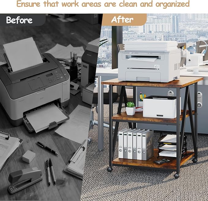 3-Tier Printer Stand, Large Printer Table with Storage, Industrial Printer Storage Cart with Wheels, Rolling Printer Stand for Heat Press Scanner Fax, Brown