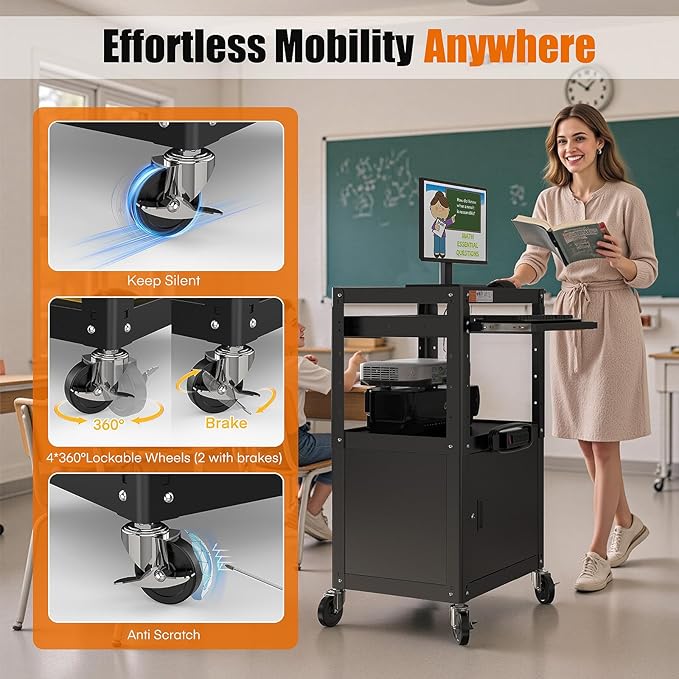 Steel Large AV Cart with Extra Storage - Adjustable Height Cart with Locking Cabinet, Pullout Tray, Power Strip, and Cord Management - Holds 300 lbs and Easy to Assemble (24'' x 18'' x 42'')