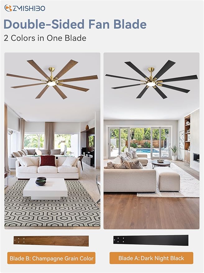 ZMISHIBO 80 Inch Black and Gold Ceiling Fans with Lights and Remote, Indoor/Outdoor Ceiling Fan for Patio Living Room, 6 Speed Reversible Quiet DC Motor, 3 CCT, Dual Finish Blades