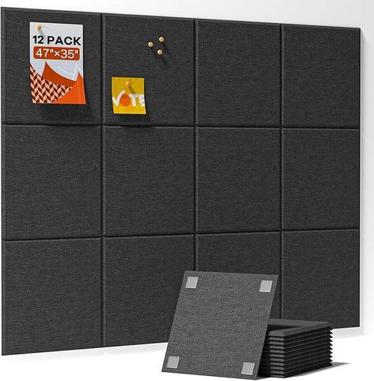 Large Cork Boards for Walls, 47"x35" Bulletin Board, 12-Pack Felt Wall Tiles with 60 Adhesive Tabs, Cork Boards for Office Decor, Felt Board Alternative Pin Board
