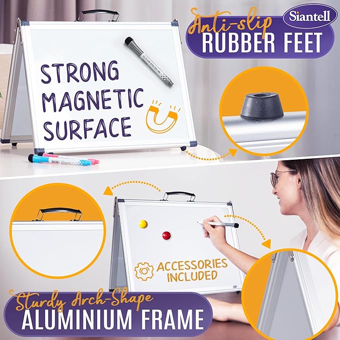 Small Dry Erase White Board – Magnetic Desktop Whiteboard - 16x12 inch 4 Sides Portable Whiteboard for Kids - Tabletop Mini Easel with Cover Bag for Office Desk, Students, Teachers