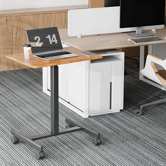 NEWBULIG Rolling Standing Desk Adjustable Height Brown, Mobile Standing Desks with Wheels, Portable Table Medical Rolling Computer Cart, Podium Stand with Metal Frame for Teacher Classroom Laptop