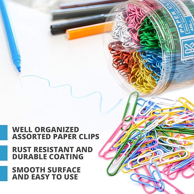 450 Color Paper Clips Assorted Sizes Small, Medium and Large Paper Clips for Paperwork Ideal for Home, School and Office Use (Assorted, Multicolored)