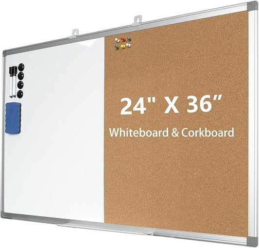 Combination Writeboard 36"x 24" Magnetic Whiteboard & Cork Board Aluminium Frame Dry Erase Board Bulletin Board Wall Mounted Memo Message