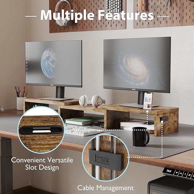 BONTEC Dual Monitor Stand Riser with Smartphone Holder, Adjustable Length & Swivel Angle, Ergonomic Wooden Desktop Organizer for PC Monitor, Laptop, Printer, Large Storage, White