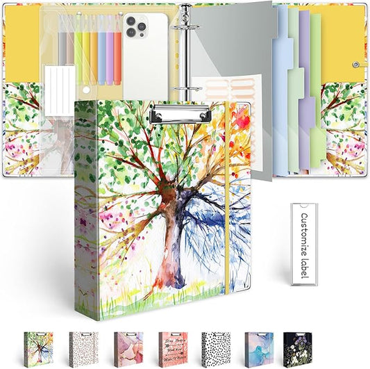 2 Inch 3 Ring Binder Organizer, Three Ring Binder with Clipboard, 5-Tabs Pockets Dividers, Transparent Folder,18 Divider Stikers, BVSSX Decorative Binders for Letter Size 8.5"x11" Paper (Seasons Tree)