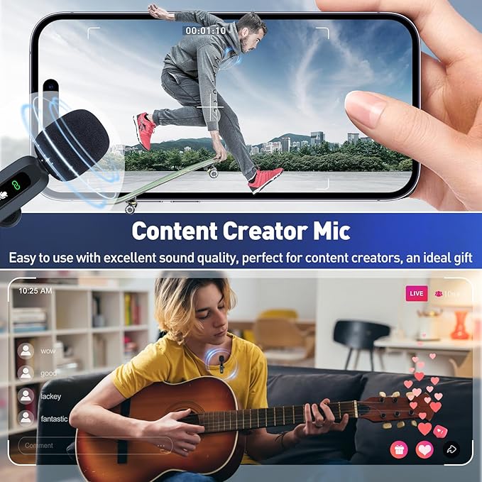 Wireless Lavalier Microphone for iPhone Recording Clip-on Mini Mic for iPhone/for iPad Video Recording with Rotatable Clip&Denoise Recording, Portable Mic Set for Content Creators