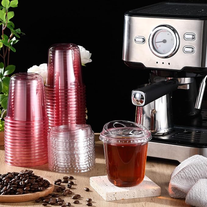 50 Sets Clear Plastic Coffee Cups with Sip Lids, Disposable Plastic PET Crystal Cups for Iced Coffee, Smoothie, Cold Beverage, Drink Shops and Party Catering(Clear Pink,12 oz)