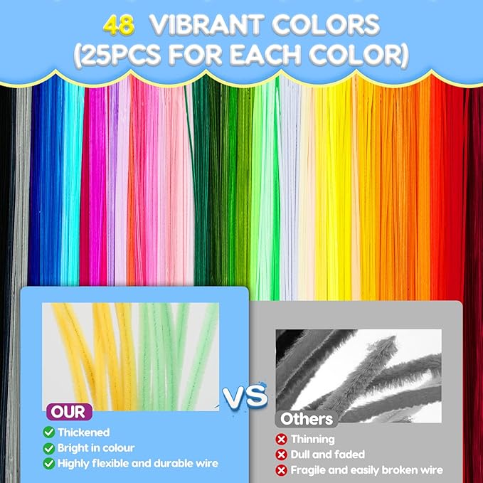 1200PCS Pipe Cleaners Craft, Pipe Cleaners Bulk for Arts and Crafts Supplies Multi-Color Chenille Stems DIY Project Room Decor,Christmas Decorations Creative Toys Gift (12inch*6mm,48colors)