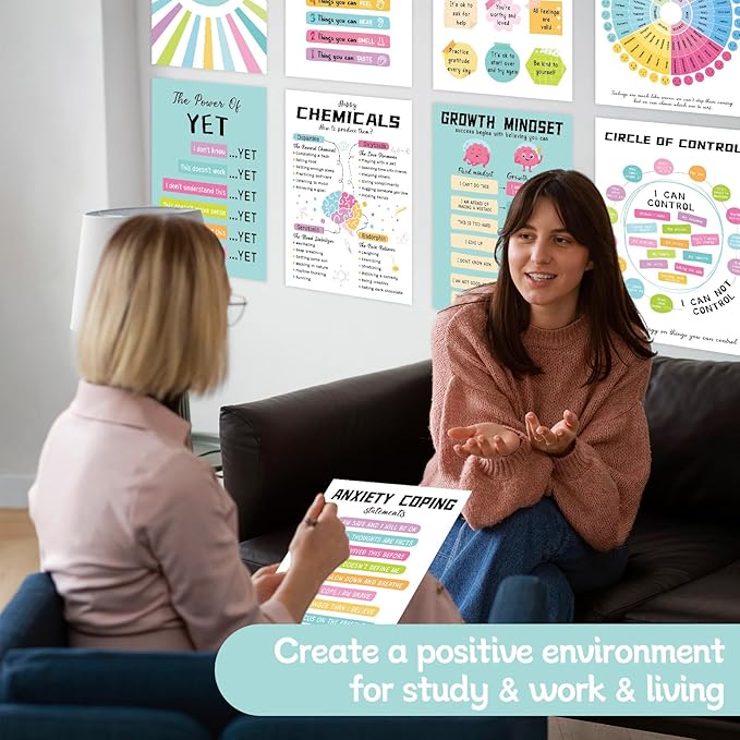 12 Pcs Mental Health Posters, Anxiety Therapy Office Decor, Counseling Office Must Haves, 10’’x14’’ School Counselor Supplies, Wall Art Decor Home Classroom Therapist Mental Health Gifts