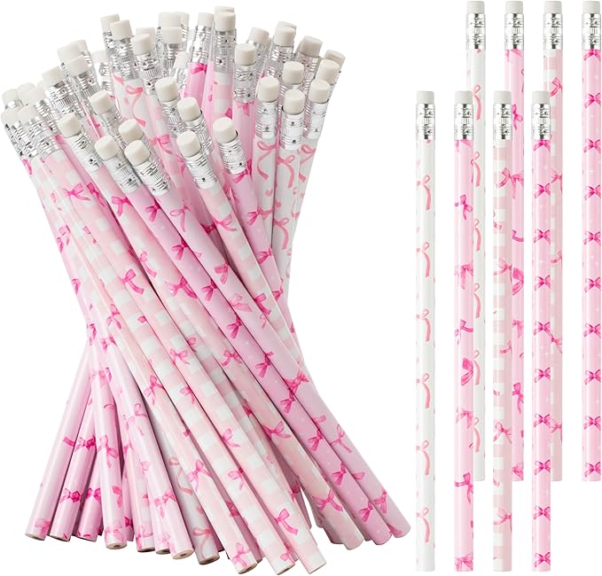 Xqumoi 60Pcs Coquette Pink Bow Pencils with Eraser - Preppy Bow #2 HB Pencils, Back to School Classroom Student Rewards, School Office Supply, Party Goodie Bag Fillers Stuffers, Birthday Party Favors