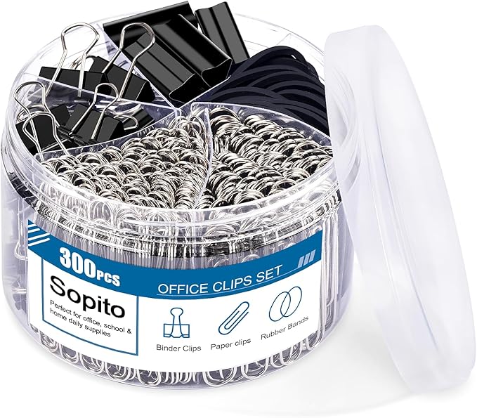 Binder Clips Paperclips, Sopito 300pcs Office Clips Set with Paper Clamps Rubber Bands for Office and School Supplies, Assorted Sizes Black