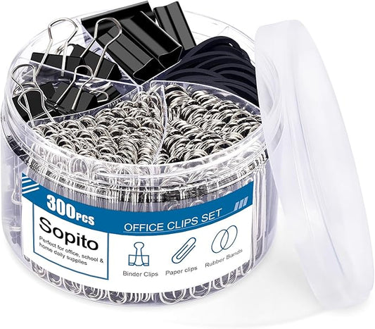 Binder Clips Paperclips, Sopito 300pcs Office Clips Set with Paper Clamps Rubber Bands for Office and School Supplies, Assorted Sizes Black
