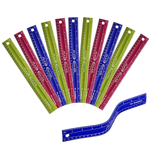 It's Academic Flexi Rulers, 12 Inches and 30 Cms, Flexible Plastic Straight Edges, Perfect for Teachers, Classrooms, 3 Bright Colors, 12 Pack