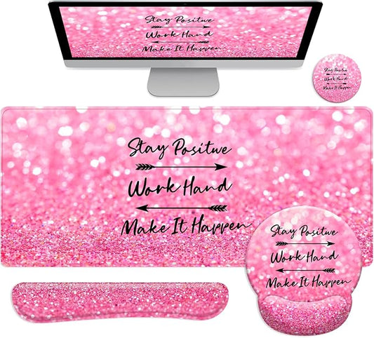 Long Mouse Pad XXL,Ergonomic Desk Mat Gaming Set,Keyboard Wrist Support Rest Mouse Pad Suitable for Office and Home (XXL Pink Set)