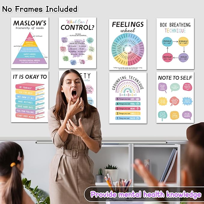 12PCS Mental Health Posters, Anxiety Therapy Motivational Poster Counseling Office Must Haves, 10’’x14’’ School Counselor Supplies, Mental Health Wall Art Decor Home Classroom Inspirational Posters