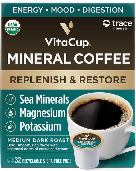 VitaCup Mineral Coffee Pods with Trace Minerals, Hydrate, Replenish & Restore, Sea Minerals, Electrolytes, Organic Coffee, Medium Dark Roast, Single Serve Pod Compatible with Keurig K-Cup Brewers,32Ct