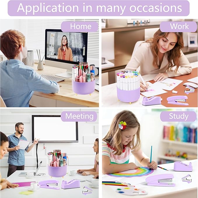 Purple Desk Accessories, Purple Office Supplies 360°Pen Holder Desk Organizers And Accessories with Tape Dispenser, Stapler, Staple Remover, 1000 Staples, Tape, Clips Set, Ruler, Scissor, Pen