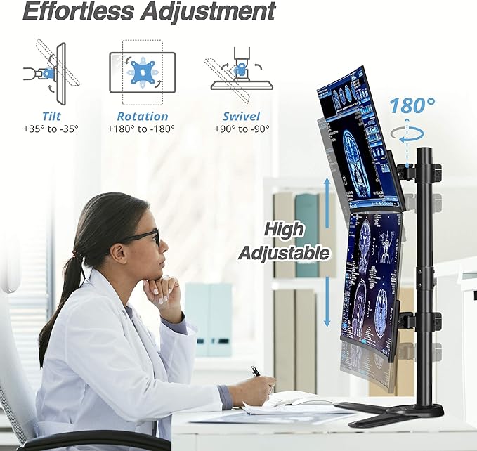 AVLT 38" Vertical Ultrawide Monitor Mount Stand Two Stacked 26.5 lbs Screens on Heavy-Duty Pole Save Workspace with Fine-Tune Height Tilt Swivel Rotate Adjustment Free Standing Sturdy Base