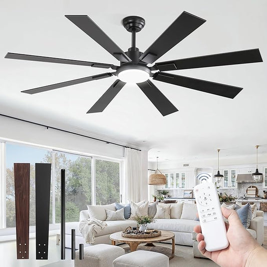 ZMISHIBO 62 inch Large Ceiling Fans with Lights and Remote, Indoor/Outdoor Black Modern Ceiling Fan for Kitchen Living Room Patio, 6 Speed Reversible Quiet DC Motor, 3 CCT, Dual Finish 8 Blades